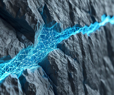 Three-dimensional visualization of a fractured crystalline rock system showing a network of bright blue fractures cutting through dark gray rock matrix, with computational mesh overlay suggesting numerical modeling