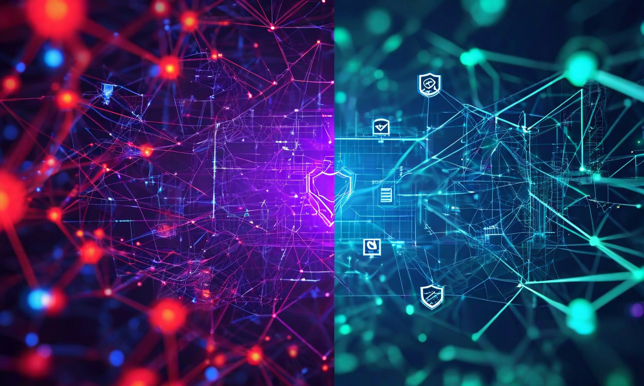Split composition showing chaotic AI neural networks on one side transitioning to organized governance framework with protective shields and structured elements on the other side, representing the need for formal AI governance in business operations