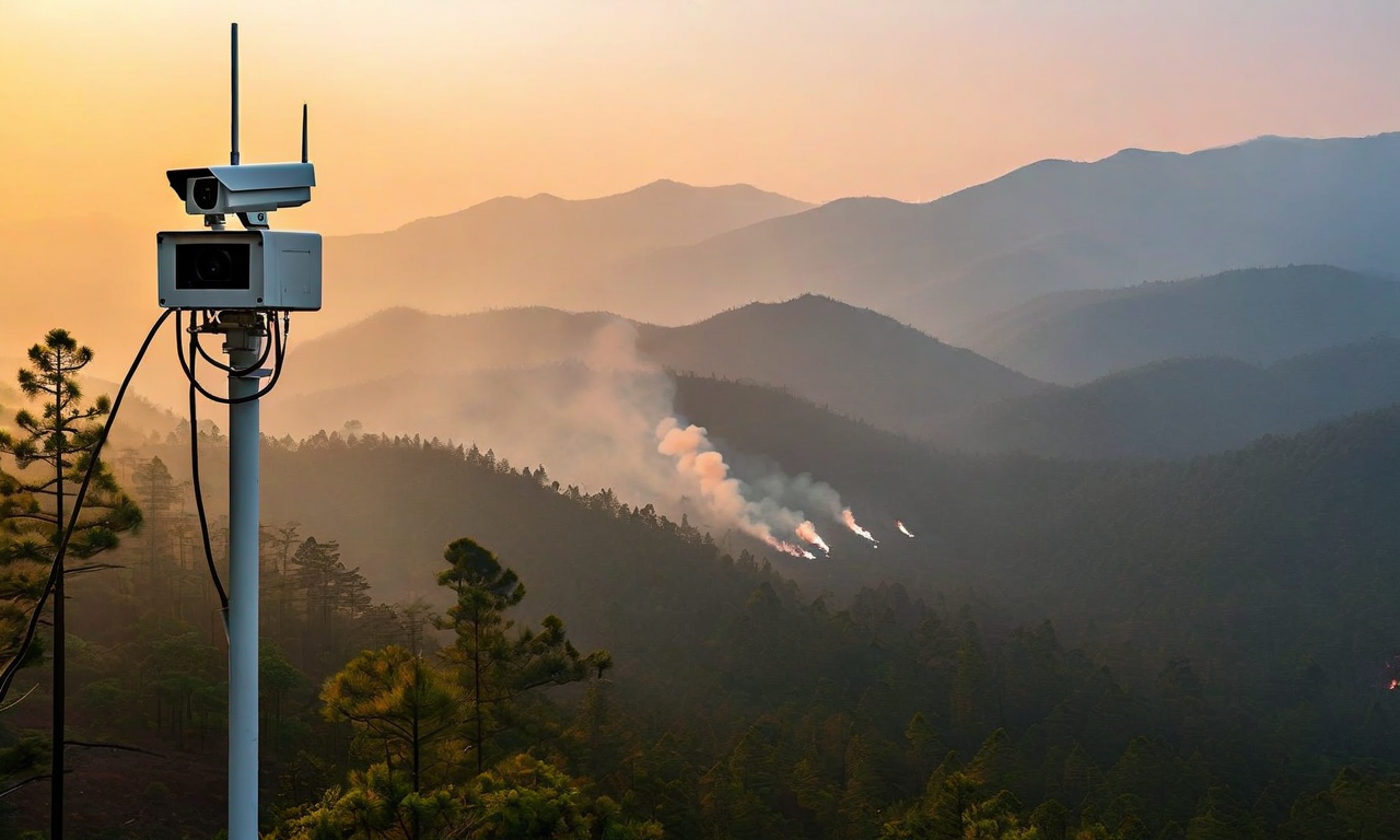 High-tech surveillance camera on a tower overlooking forested mountains with smoke in the distance and a drone in the sky, illustrating wildfire detection technology