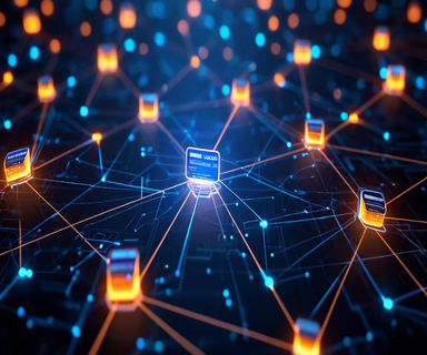Conceptual illustration of fragmented credit card validation system showing disconnected merchant payment nodes with a central credit card and isolated data streams, representing distributed security vulnerabilities
