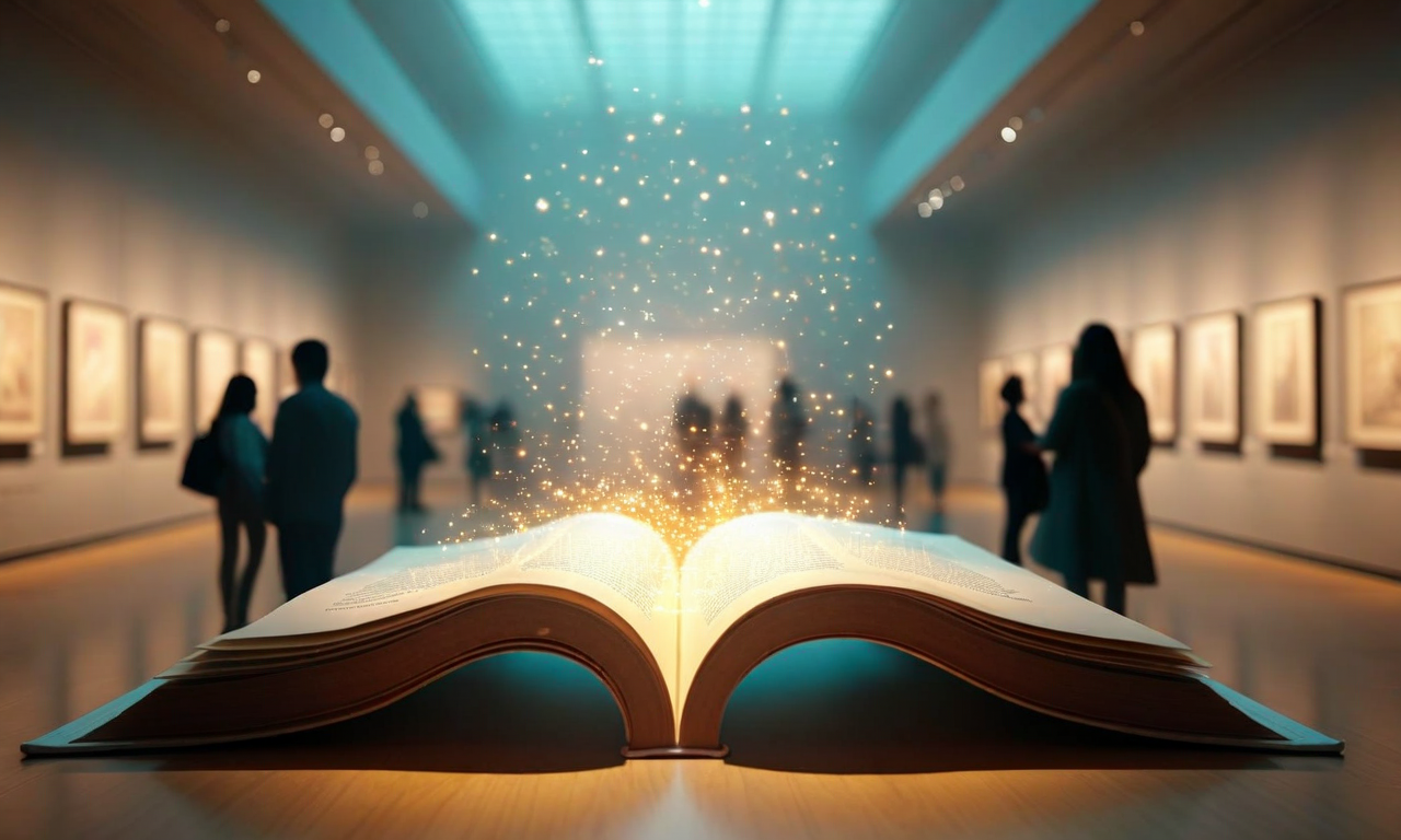 An artistic rendering of an open book with pages transforming into light and abstract shapes in a gallery setting, with silhouettes of people engaged in discussion in the background, representing literary curation and community engagement