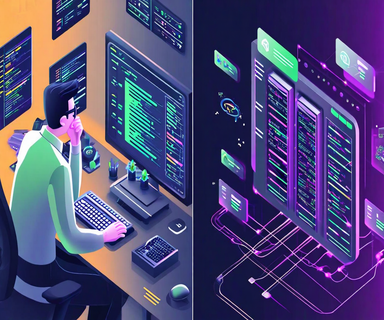 Split-screen illustration contrasting a cluttered, slow code hosting platform on the left with a streamlined, efficient alternative on the right, connected by flowing transition elements representing platform migration