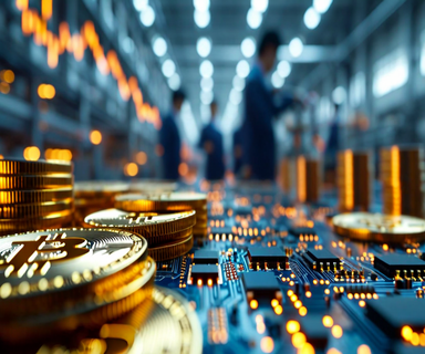 Professional business composition showing semiconductor facility with symbolic representation of worker bonuses through golden coins, stock certificates, and circuit patterns, with worker silhouettes representing workforce empowerment