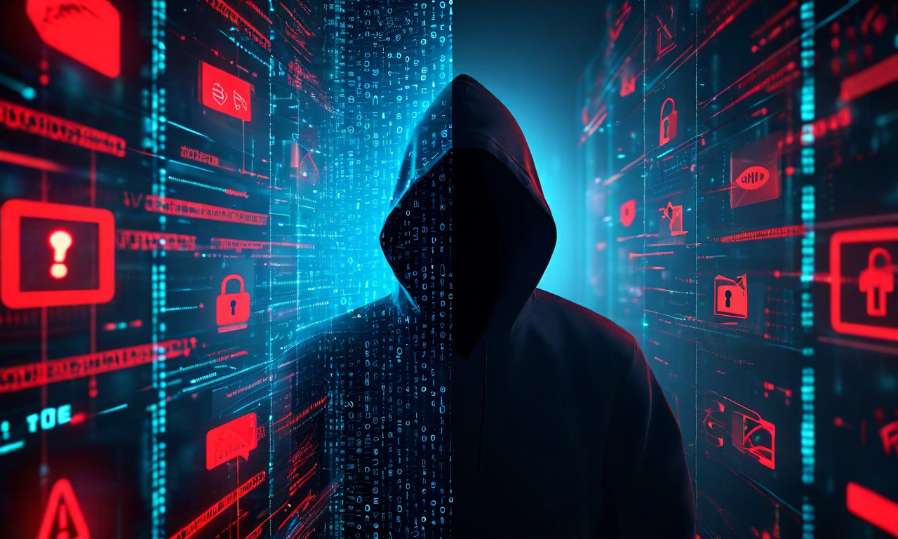 Digital illustration showing the evolution of cybercrime from stealth-based tactics to intimidation-based approaches, with contrasting blue and red color schemes representing the tactical shift in cyber threats