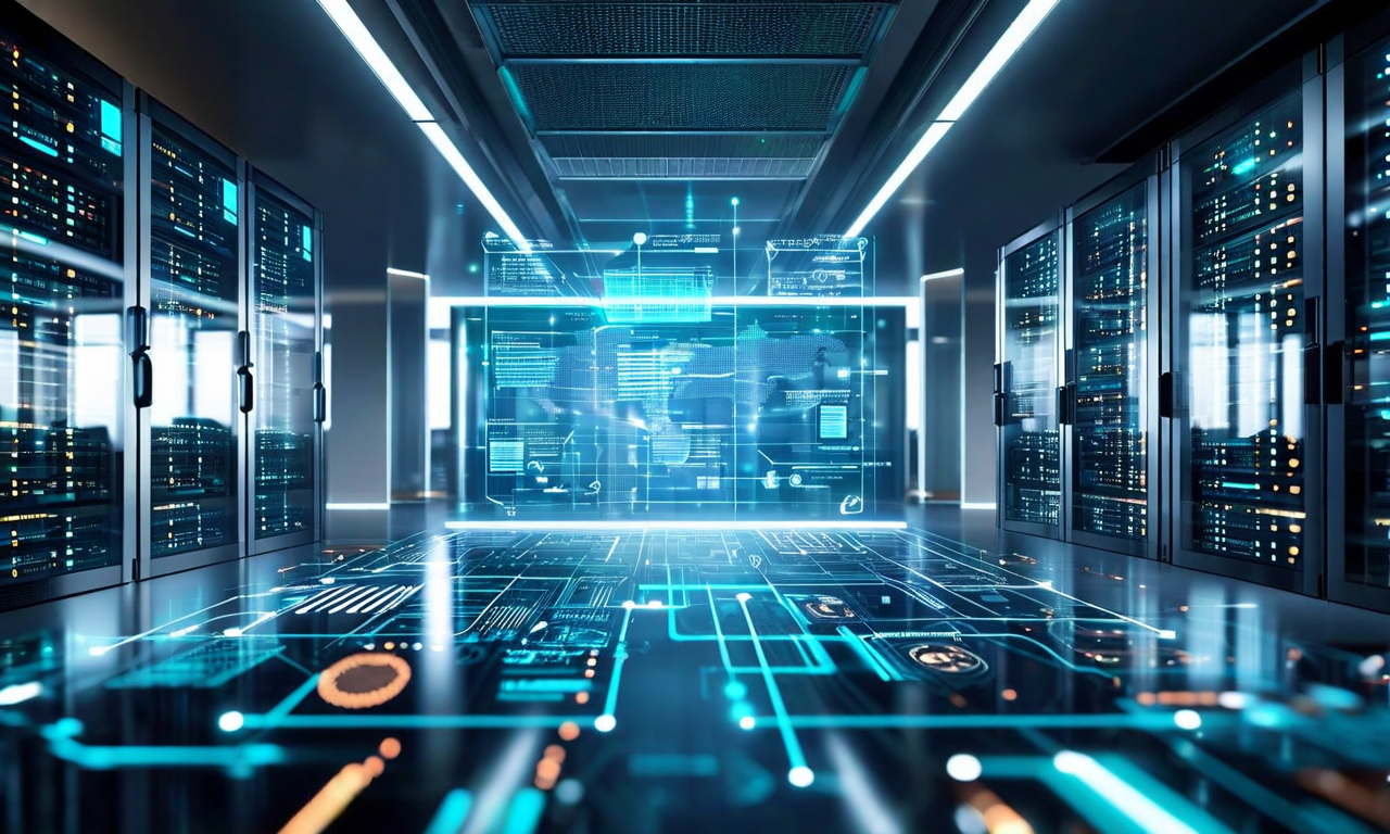 Modern enterprise technology visualization showing holographic AI interfaces, secure data networks, and digital infrastructure elements in a professional Japanese corporate setting with blue and teal color scheme