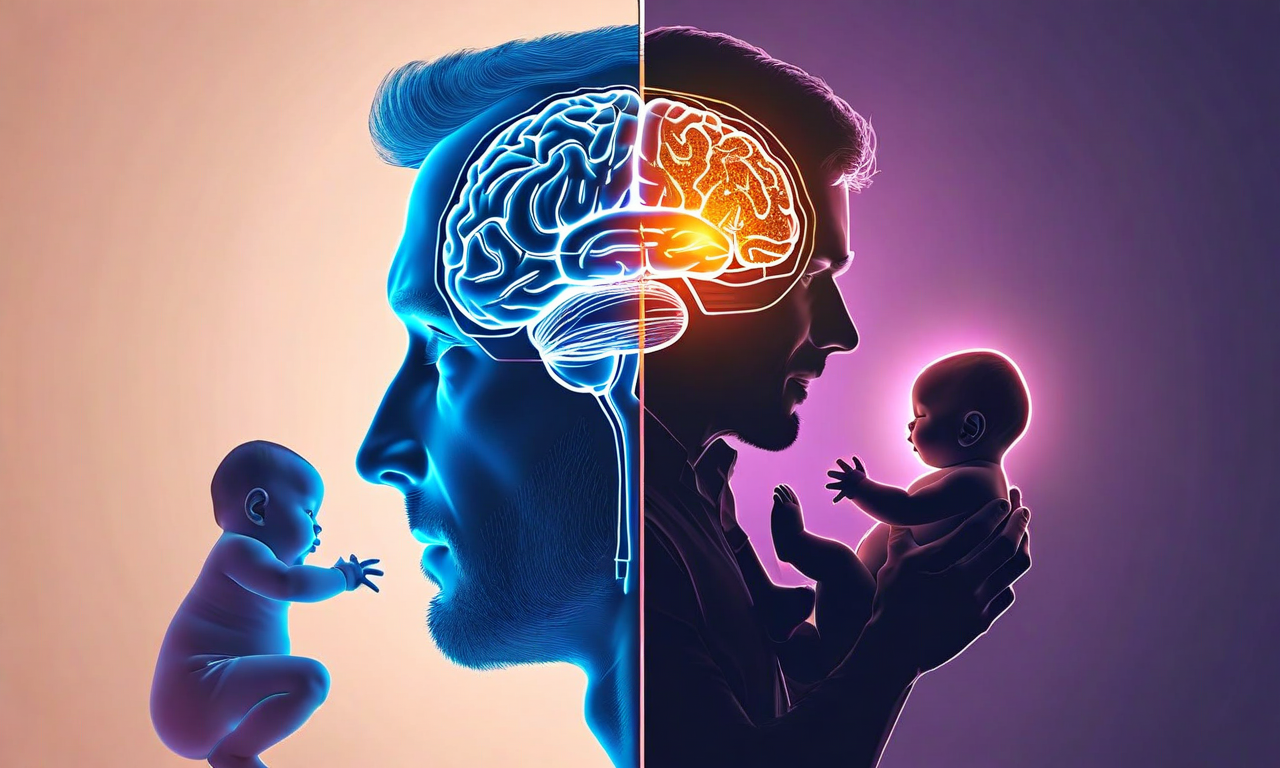Split illustration showing a father's brain before and after fatherhood, with the transformed brain displaying enhanced neural connections and glowing regions, alongside a silhouette of a father holding an infant
