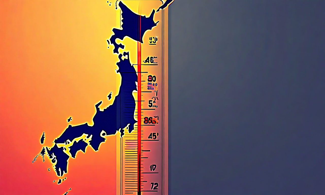 Visual representation of dangerous heat wave affecting western Japan, showing temperature indicators and regional map with warm color gradients illustrating sustained high temperatures and heat advisory conditions