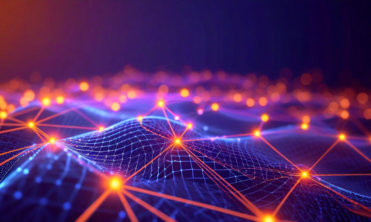 Abstract visualization of a spatio-temporal network with interconnected nodes and flowing frequency waves, representing graph-structured data forecasting and spatial-temporal correlations