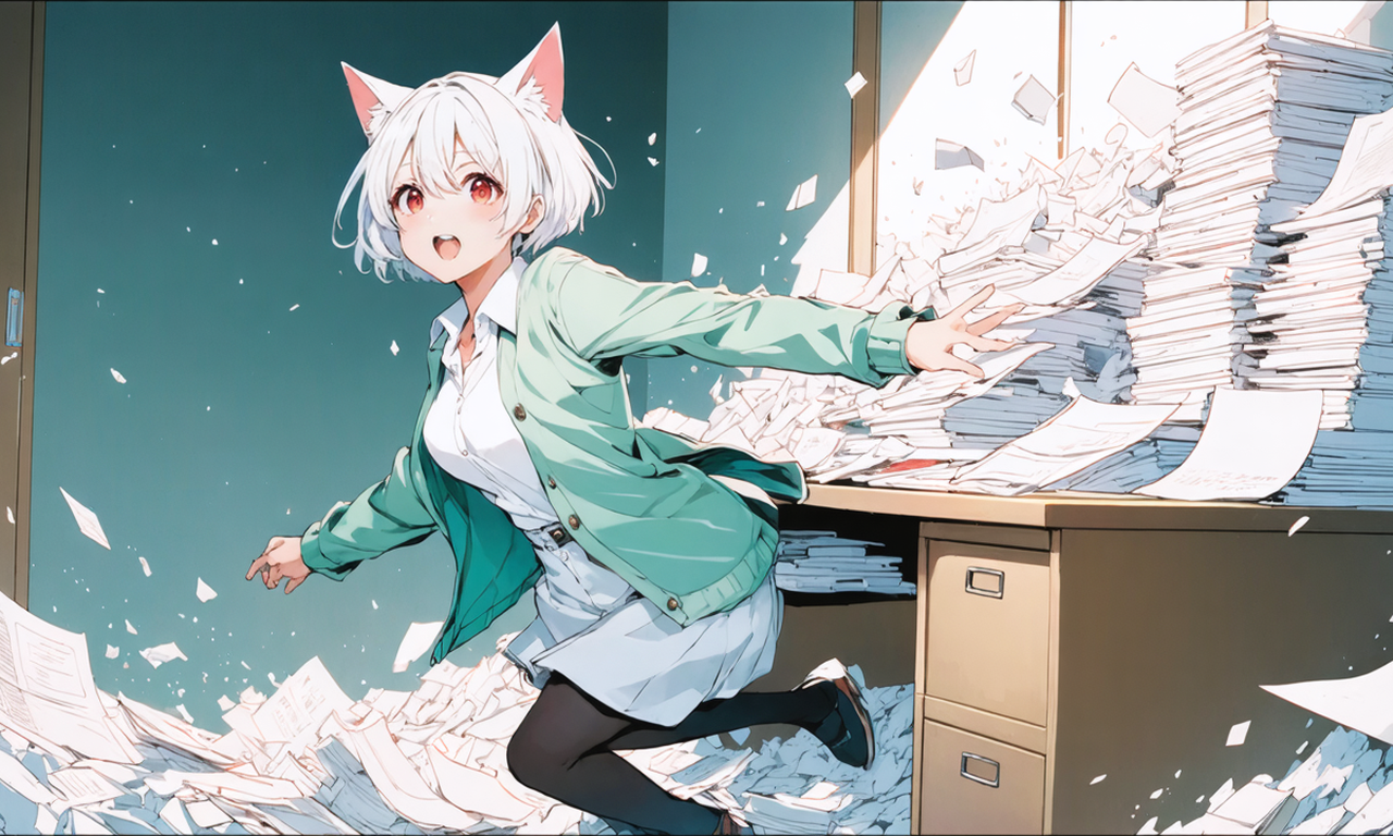 引き出しから書類の山があふれ出し、Neko-sanが驚いて立ちすくんでいる様子のイラスト。