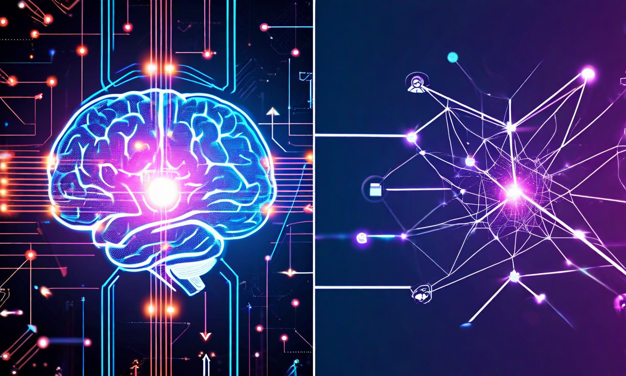 Split illustration comparing human brain executive control with hierarchical top-down pathways on the left versus transformer neural network with distributed bottom-up attention patterns on the right, highlighting architectural differences in attention mechanisms