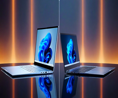 Two premium ultrabook laptops facing each other in a competitive arrangement with glowing displays and modern studio lighting, representing the laptop market competition between Dell and Apple