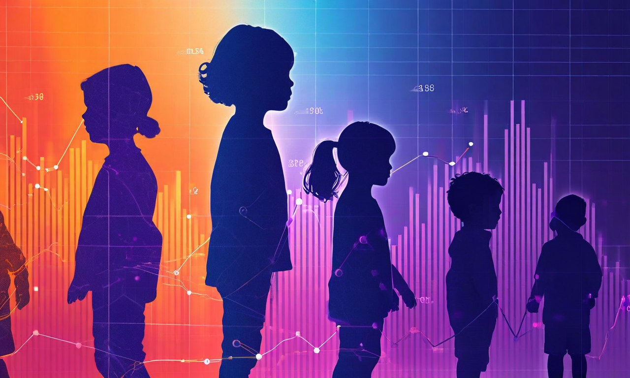 Abstract spectrum gradient from blue to purple with silhouettes of children representing autism spectrum disorder, overlaid with geometric elements suggesting diagnostic growth and increased awareness