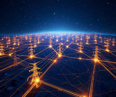 An artistic visualization of an electrical power grid network showing interconnected transmission lines of varying thicknesses in glowing amber and blue colors against a dark background, with bright nodes representing power stations and substations, creating an intricate web-like pattern across the landscape