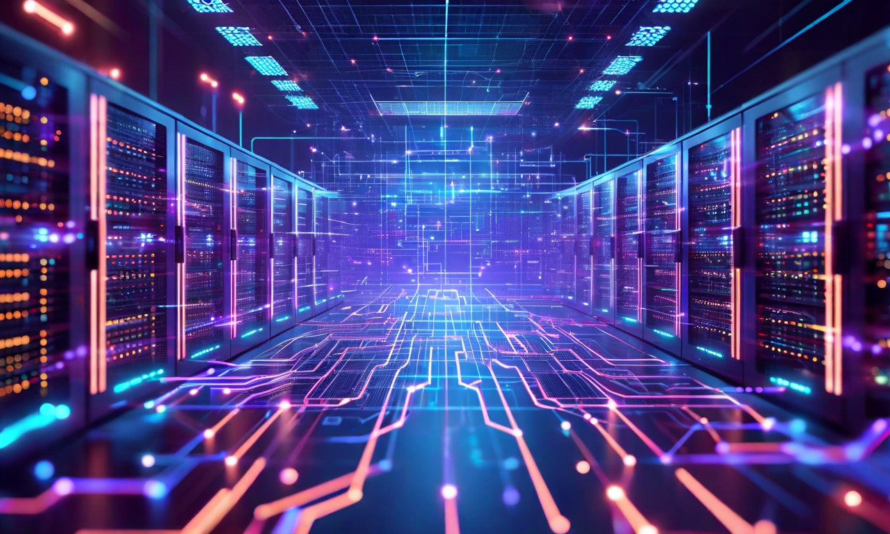 Digital illustration of a data warehouse infrastructure with AI agent networks and automated workflow streams processing support requests through interconnected systems