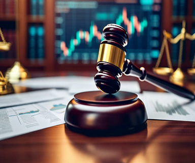 A judge's gavel resting on legal documents with financial charts and regulatory papers, symbolizing SEC enforcement and legal settlement proceedings