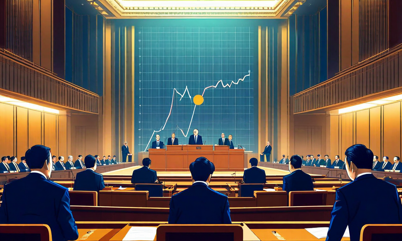 日本の国会議事堂の本会議場で、複数の政治家が対峙する場面。フォーマルなビジネススーツを着た議員たちが対向する議席から激しい政策論戦を展開している。背景には経済チャートと政策文書が統合され、財政政策の複雑性を象徴している。劇的なライティングが緊張感を強調し、民主的議論と経済ガバナンスの重要性を表現している。