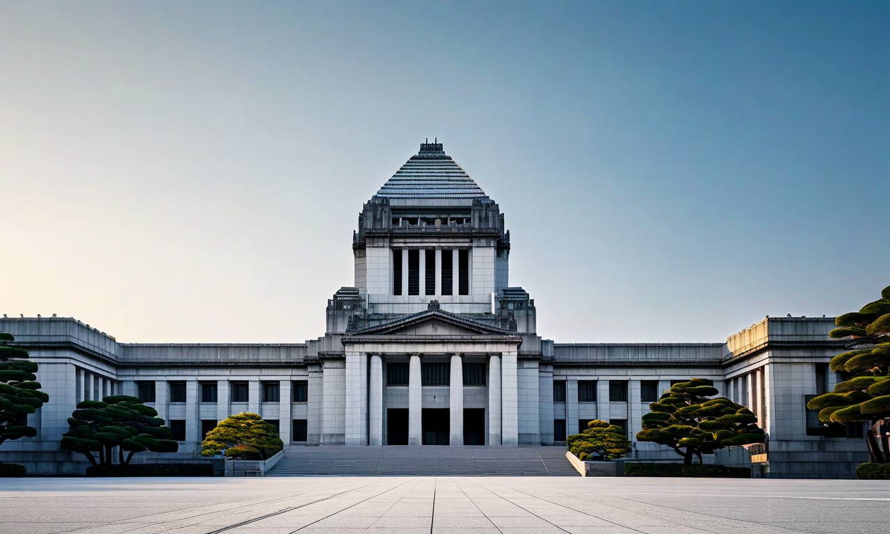 The Japanese National Diet Building photographed from the front, showing its iconic central tower and neoclassical architecture, representing parliamentary proceedings and government accountability