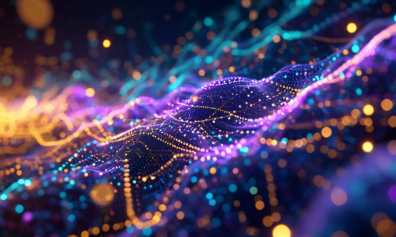 デジタル代謝の抽象的な視覚化。左側で古い情報が消散し、右側で新しい情報が統合される過程を表現。青紫色のエネルギーフローが複雑なシステムを通じて流れ、金色の熱エネルギー変換パターンが熱力学的効率を示唆している。有機的な曲線と幾何学的なデジタル要素が組み合わされ、継続的な再生と選別的保持のサイクルを表現。