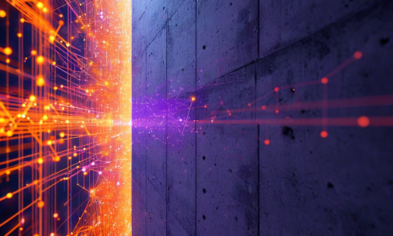 LLMのメモリウォール現象を表現した抽象的なデジタルビジュアライゼーション。画面左側には正確な情報が明るく整理された幾何学的パターンで表現され、右側には壁を隔てて、モデルのパラメータから生成された歪んだ幻想的な情報がカスケード状に流れ落ちている。ニューラルネットワークのノードが壁の向こう側の正確な情報に到達しようとしているが、代わりに虹色に輝く不正確な情報パターンを生成している様子を表現。