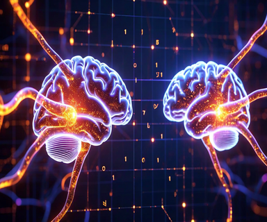 Two intertwined translucent neural network structures, one glowing amber representing factual knowledge and one glowing blue representing logical reasoning, merging in the center with purple interference patterns against a dark technological background