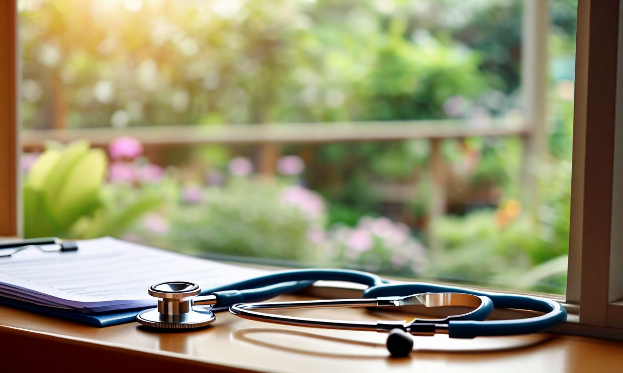 A stethoscope rests on a windowsill in soft natural light, with a peaceful garden view and comfortable room setting, symbolizing the intersection of medical expertise and dignified end-of-life care choices