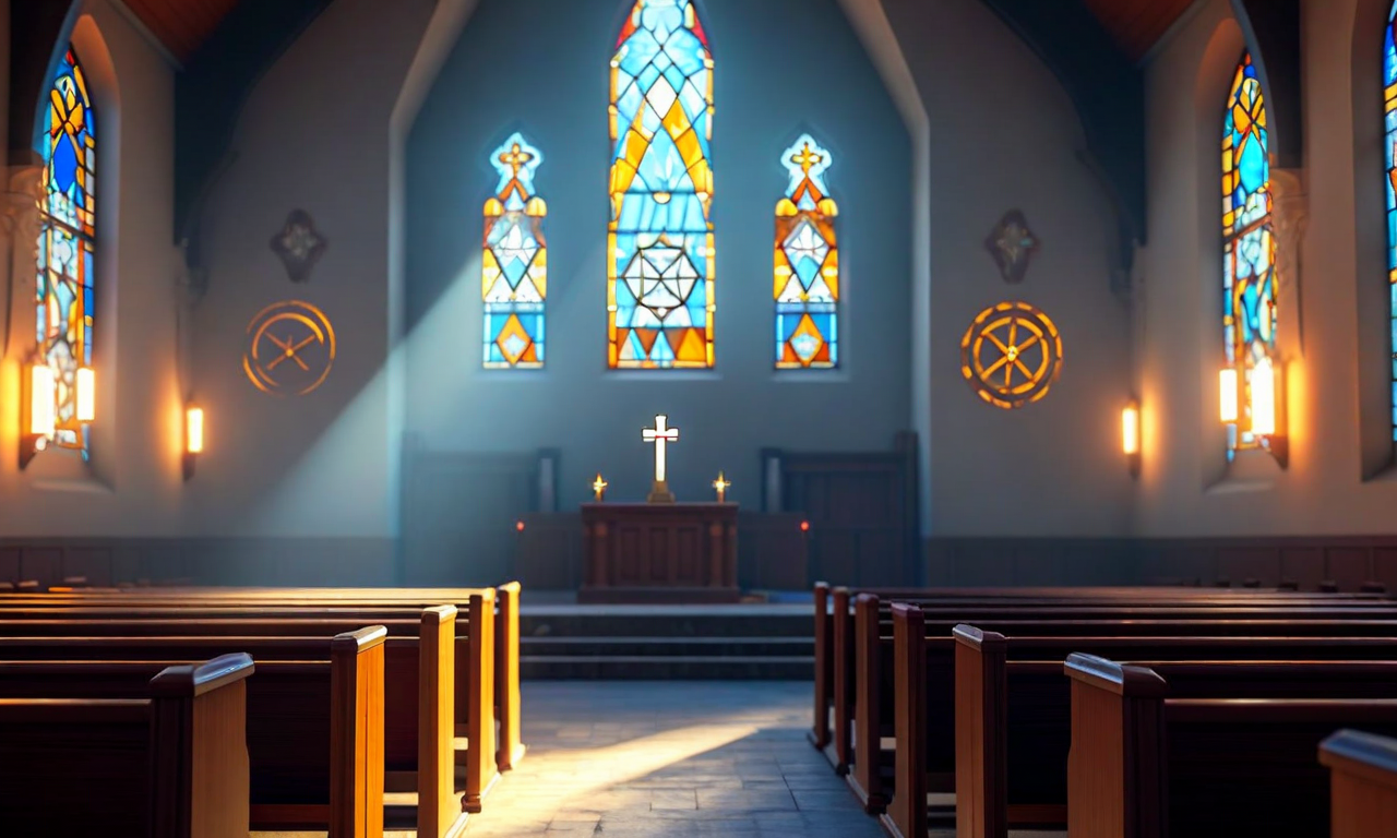 Interior of a military chapel with diverse religious symbols fading in the background, representing the removal of 180 faith traditions from the Department of Defense's official recognition list