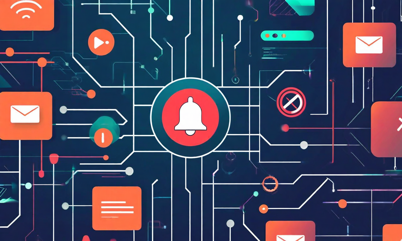 A notification bell with a prohibition symbol surrounded by fading alert icons, with circuit patterns transitioning to open network pathways, representing open source notification management