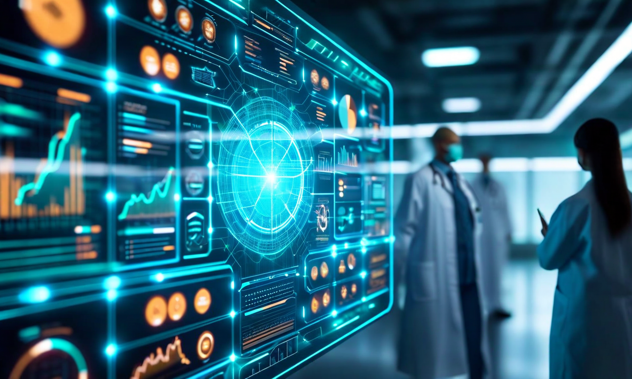 次世代の患者セルフケアエコシステムを表現した画像。中央にデジタルヘルスプラットフォームがあり、AI、医療専門家、患者が相互に接続されている。電子医療記録、個別化された健康推奨事項、リアルタイムデータフローを示す複数のノードが統合されている。医療提供者と患者がホログラフィック医療インターフェースと健康ダッシュボードと相互作用している様子が描かれている。