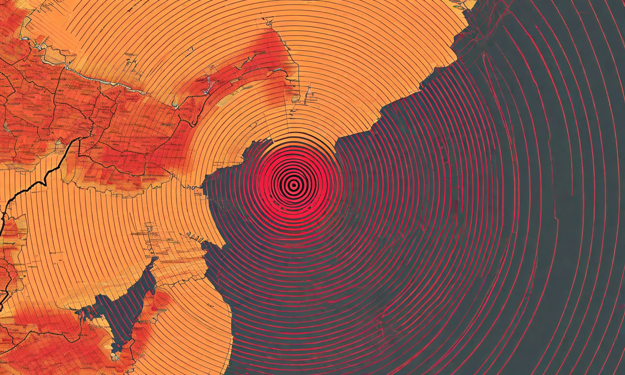 Map visualization of western Kyushu showing earthquake intensity distribution across Kumamoto, Nagasaki, and Kagoshima prefectures with concentric seismic wave patterns radiating from the epicenter