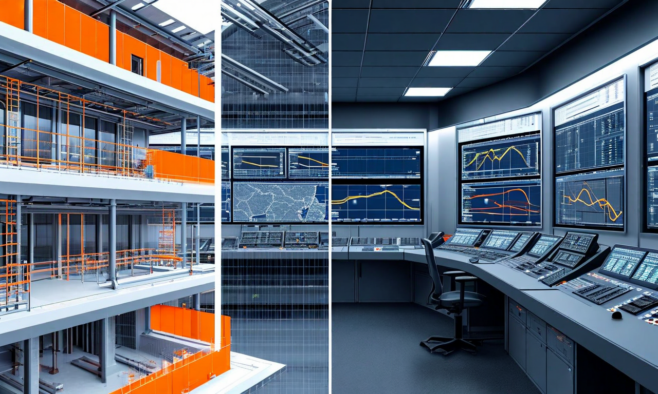 Split-screen illustration showing earthquake-resistant building structure with seismic reinforcements on the left and modern emergency response monitoring center with digital displays on the right, representing Japan's earthquake preparedness infrastructure