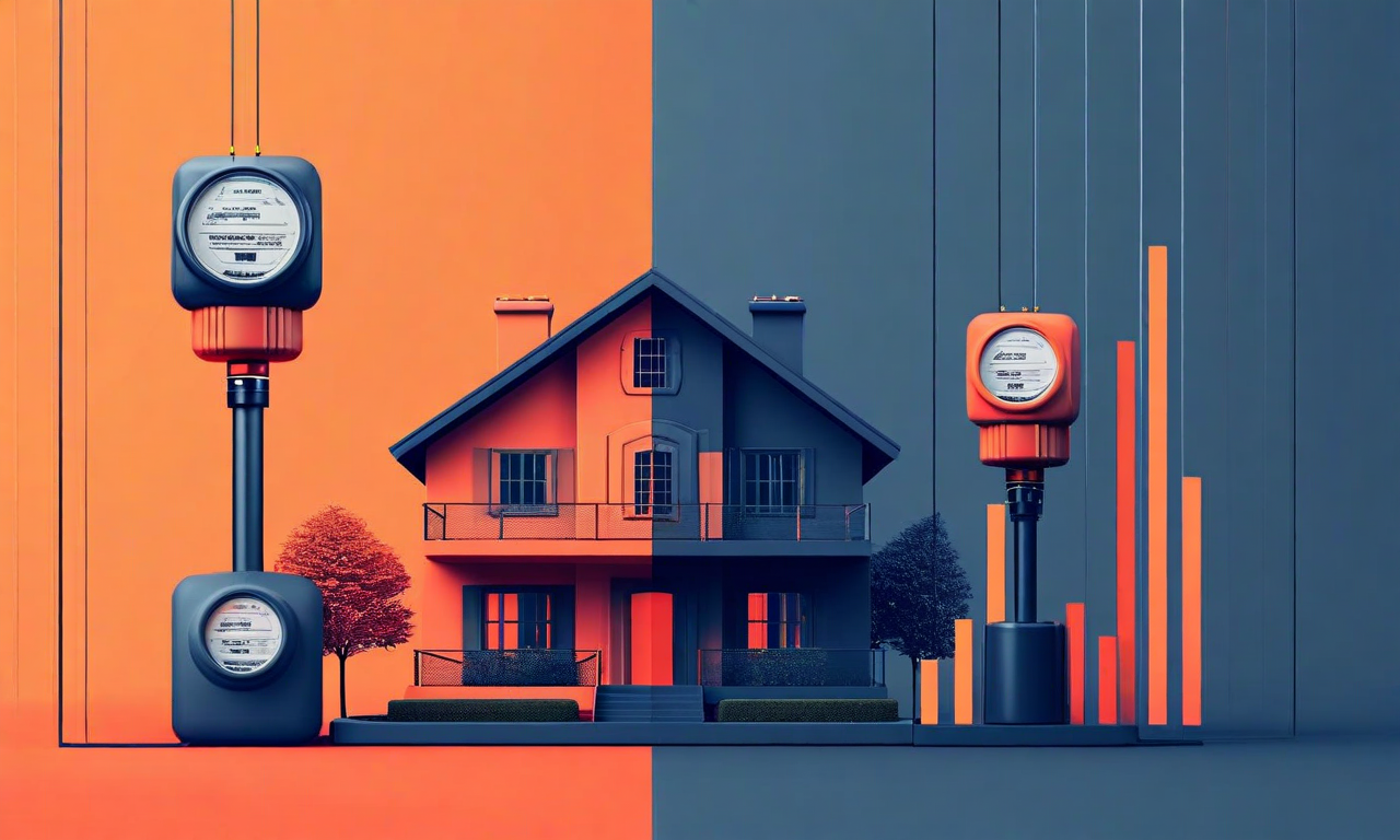 Split illustration showing a house with rising energy cost indicators on one side and declining consumption charts on the other, connected by a balancing element representing economic policy intervention