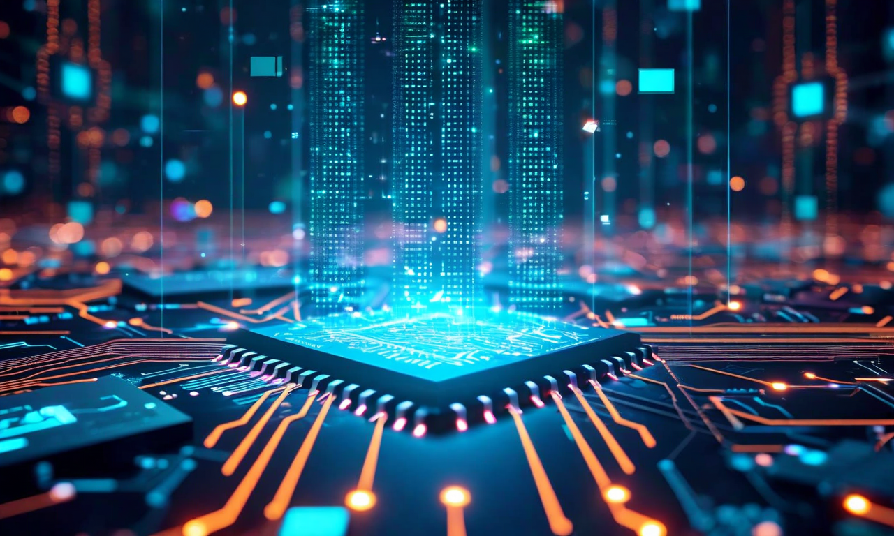 Layered visualization of semiconductor design software infrastructure showing circuit patterns, digital blueprints, and interconnected design tools in blue and teal tones against a dark background