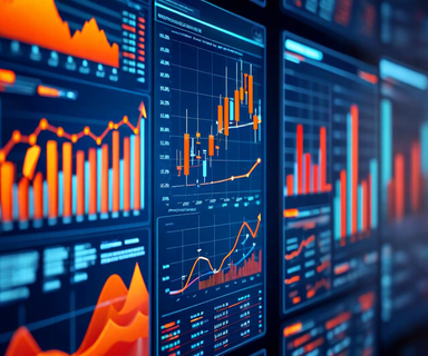 Split composition showing conservative financial projections on one side with charts and graphs in blue tones, contrasted with aggressive upward trajectories and bold arrows in orange on the other side, representing divergent executive guidance in a corporate setting