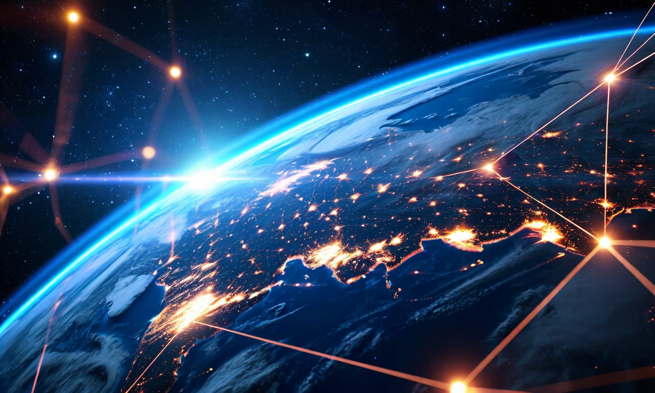 宇宙ベースのAIコンピュート環境を示す概念図。低軌道を周回する複数の衛星が青と青緑色の光るデータストリームで相互に接続され、地上ステーションとも結ばれている。衛星の周囲には放射線と温度変化を表現するエネルギー波が表示されており、宇宙環境の過酷さを視覚化している。地球を背景に、リアルタイムデータ処理を示す情報フローが軌道ノードから地上受信機へ流れている。