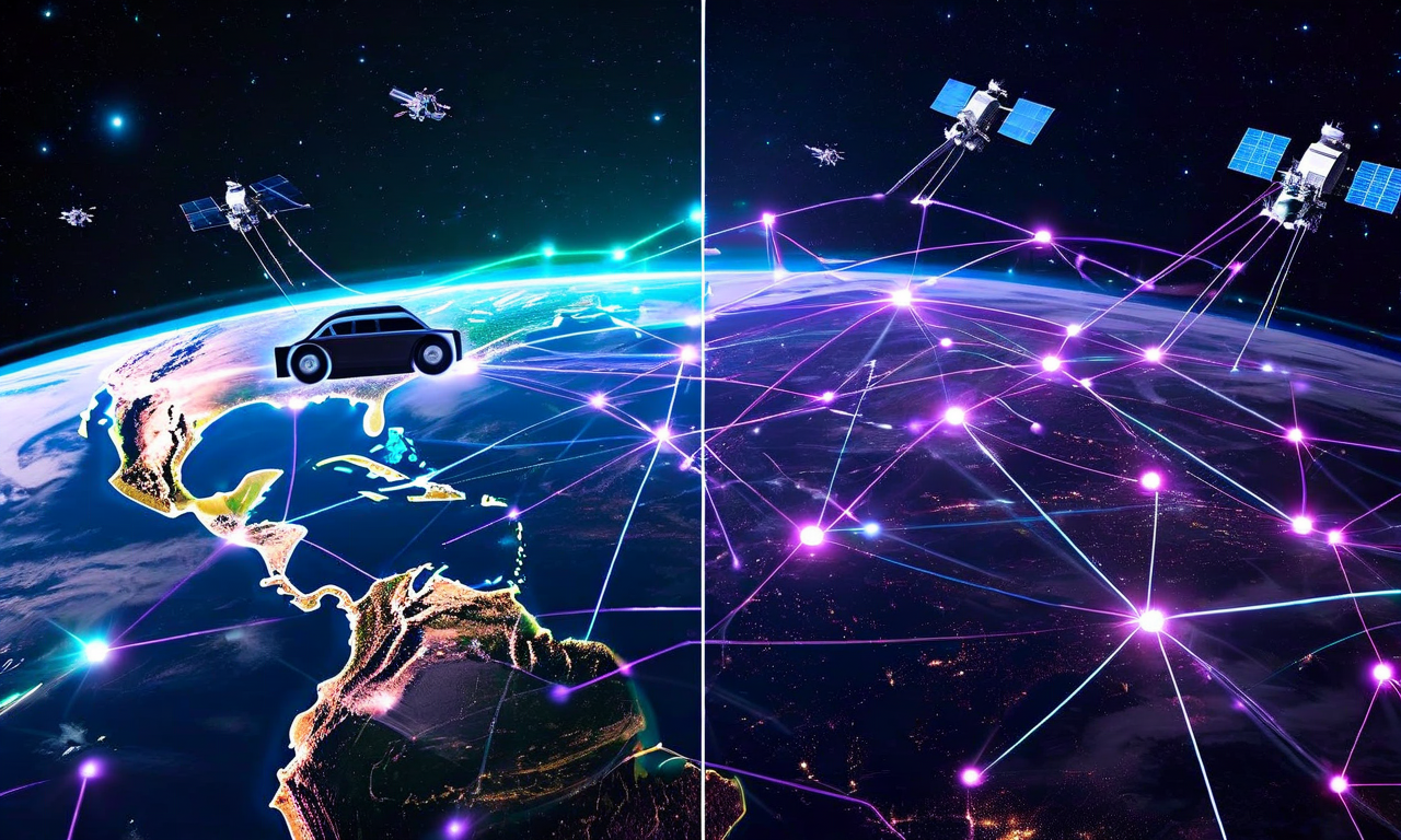 地球表面の自動運転車と軌道上の衛星・宇宙ステーションのコンピュート施設を対比させた未来的なビジュアル。左側に地上の自動運転車とニューラルネットワークの経路、右側に宇宙軌道上の衛星と発光するコンピュートノード、両者を結ぶデータストリームが表現されている。