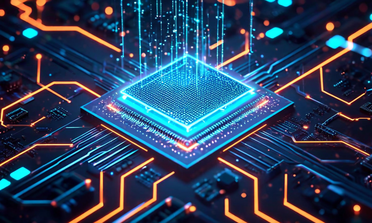 宇宙放射線がシリコンチップに与える影響を示す技術イラスト。高エネルギー粒子がチップ表面に衝突する様子、冗長回路設計、エラー訂正メカニズム、多層保護シールド、重複処理ユニット、故障耐性設計要素が視覚化されている。