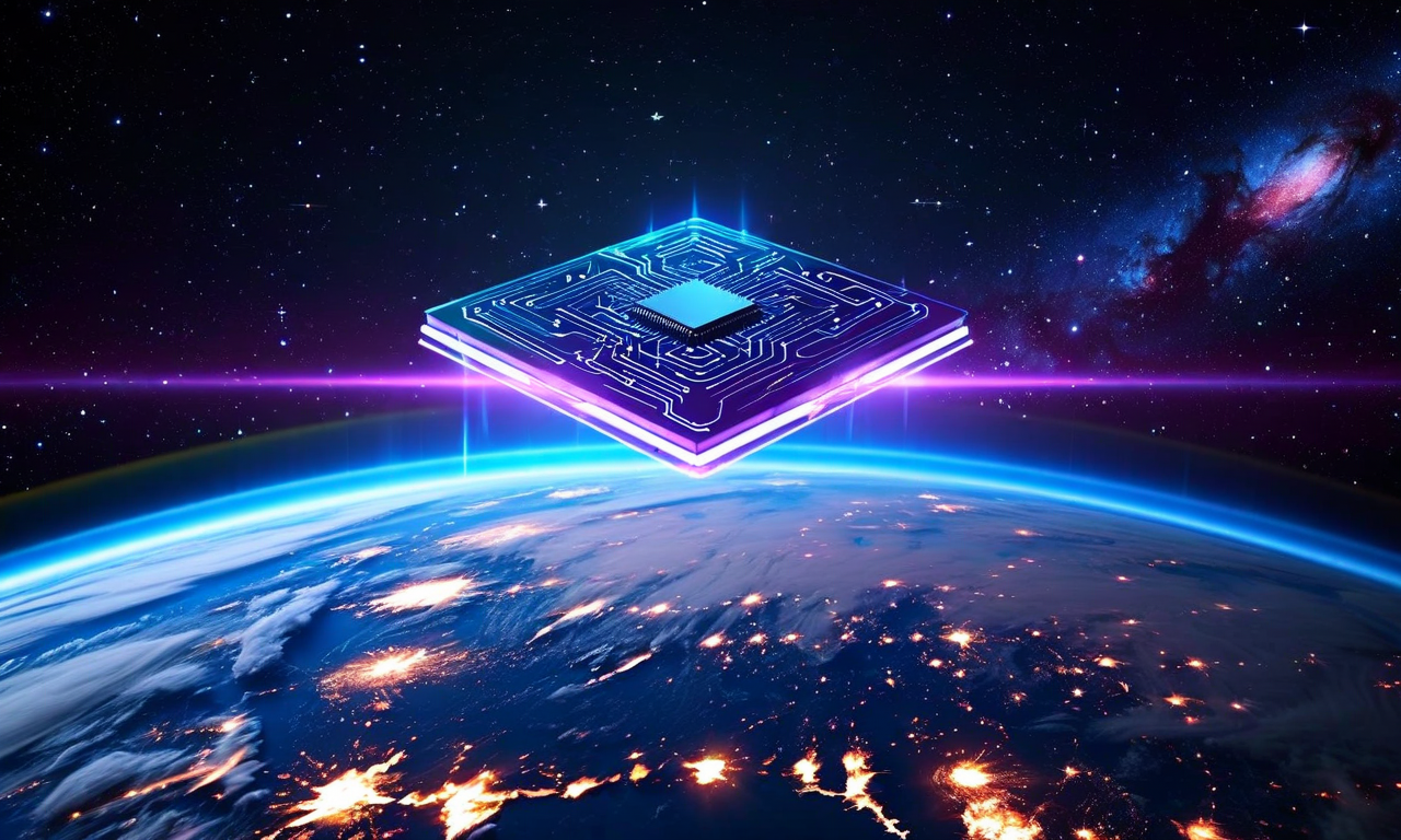 An advanced AI computer chip floating in orbit above Earth against a starry space background, with glowing circuit patterns and neural network visualizations emanating from it
