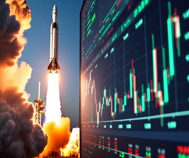 Split composition image showing a SpaceX rocket launching on the left side blending into stock market charts and financial data visualizations on the right, representing the company's transition to public markets