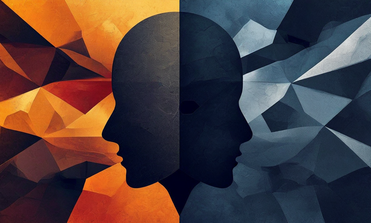 個人的怨恨と公的責任の調和を表現した抽象的なイラスト。左側に暗く渦巻く形状で個人的な感情的葛藤を、右側に整然とした幾何学的形態で制度的責任を表現。中央では両者が統合され、調和した統一形態へと融合している。天秤や相互接続されたノード、流動的な橋などの視覚的メタファーが、対立と和解の可能性を示唆している。