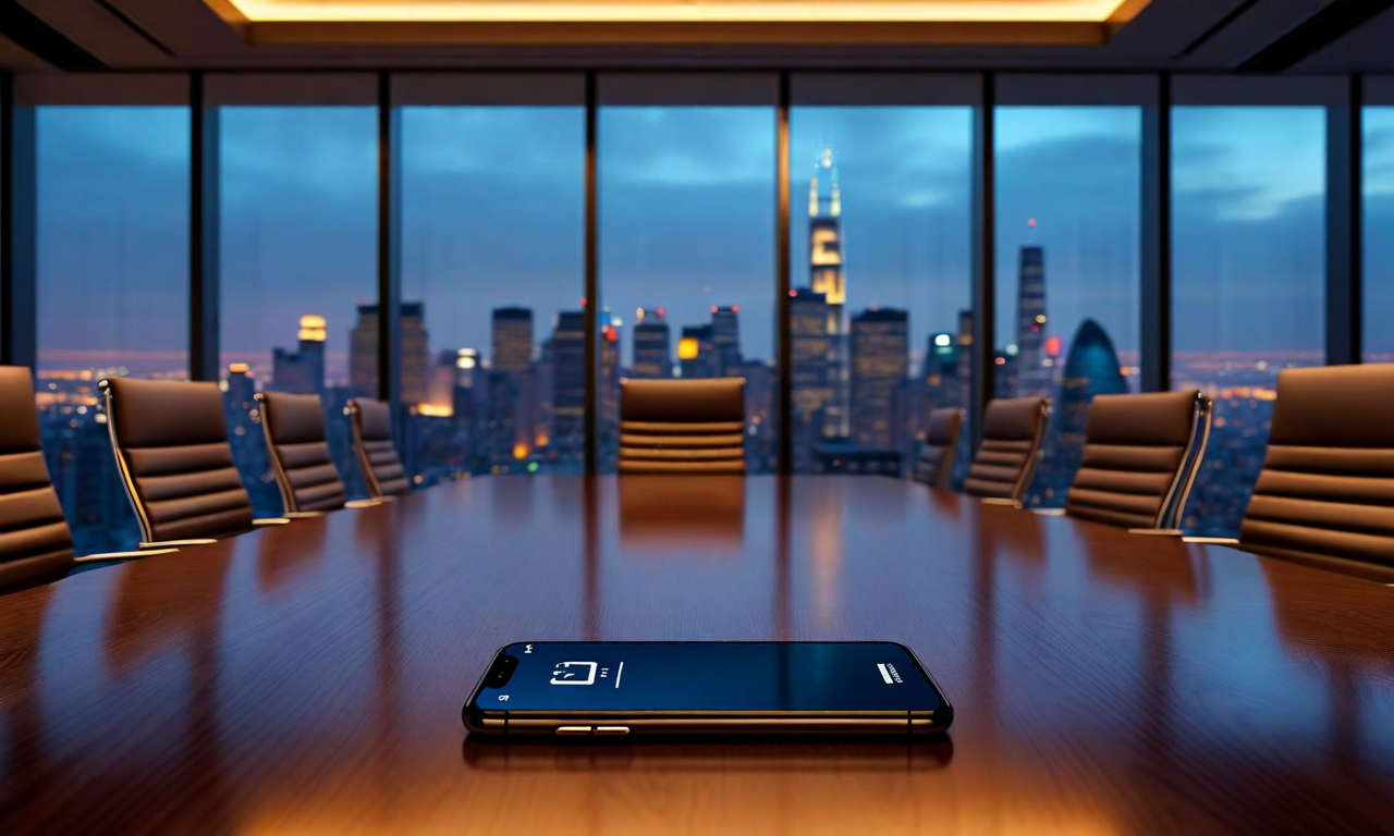 A dramatic boardroom scene with an empty conference table and pushed-back chair, overlooking a city skyline at dusk, symbolizing corporate conflict and executive departure