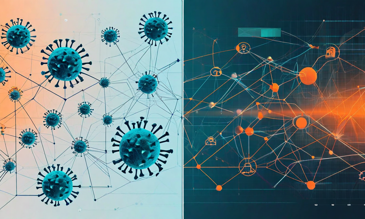 Split visualization comparing traditional epidemiological modeling with static network graphs on one side and dynamic reinforcement learning with adaptive neural patterns on the other, representing different approaches to epidemic response optimization