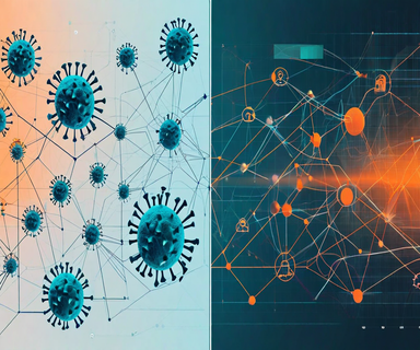 Split visualization comparing traditional epidemiological modeling with static network graphs on one side and dynamic reinforcement learning with adaptive neural patterns on the other, representing different approaches to epidemic response optimization
