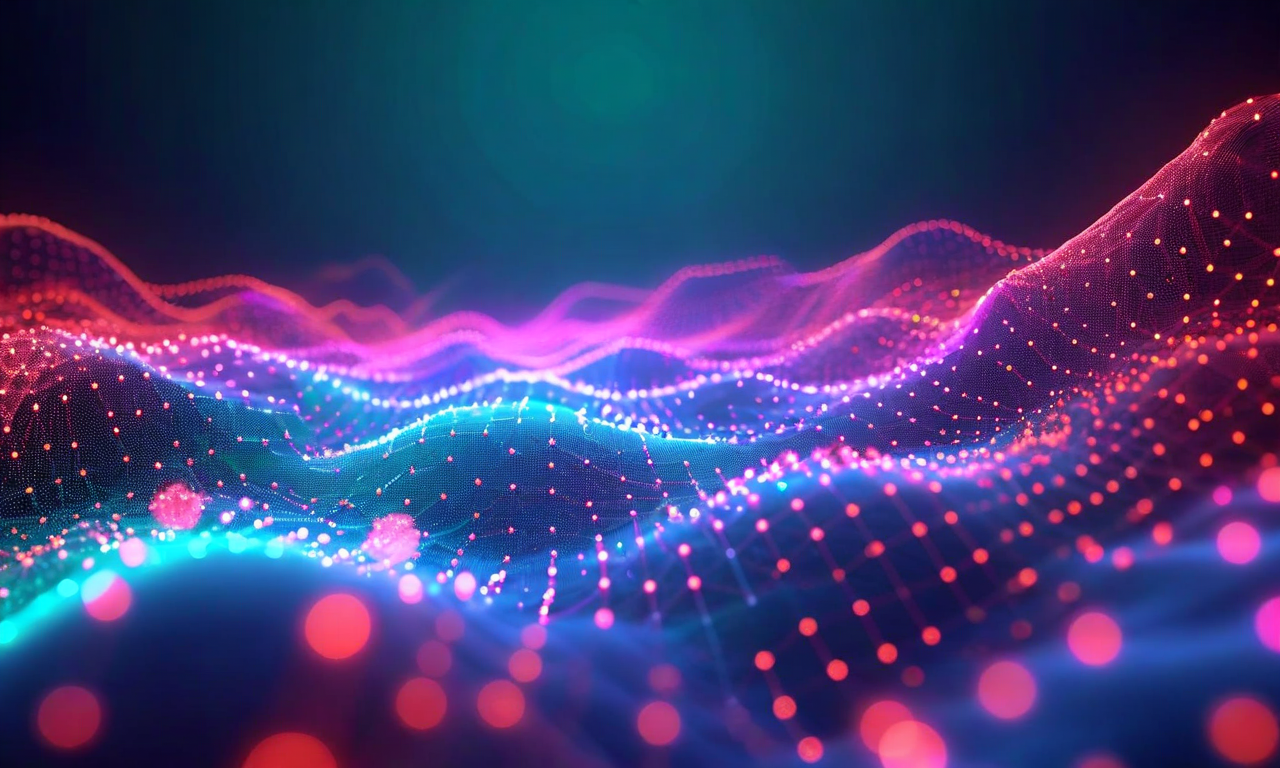 高次元潜在空間の抽象的な可視化。青緑色に輝く有効分子領域と暗い赤紫色の無効分子領域が分離されている3D勾配ランドスケープ。有効領域内を蛇行する発光軌跡が探索アルゴリズムの移動パターンを表現。浮遊する粒子状のノードと接続線が分子データポイントを表す。