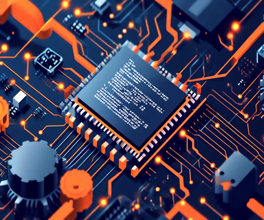 Technical illustration of a RISC-V processor architecture with Rust programming language elements, featuring circuit pathways and geometric design in blue and orange colors