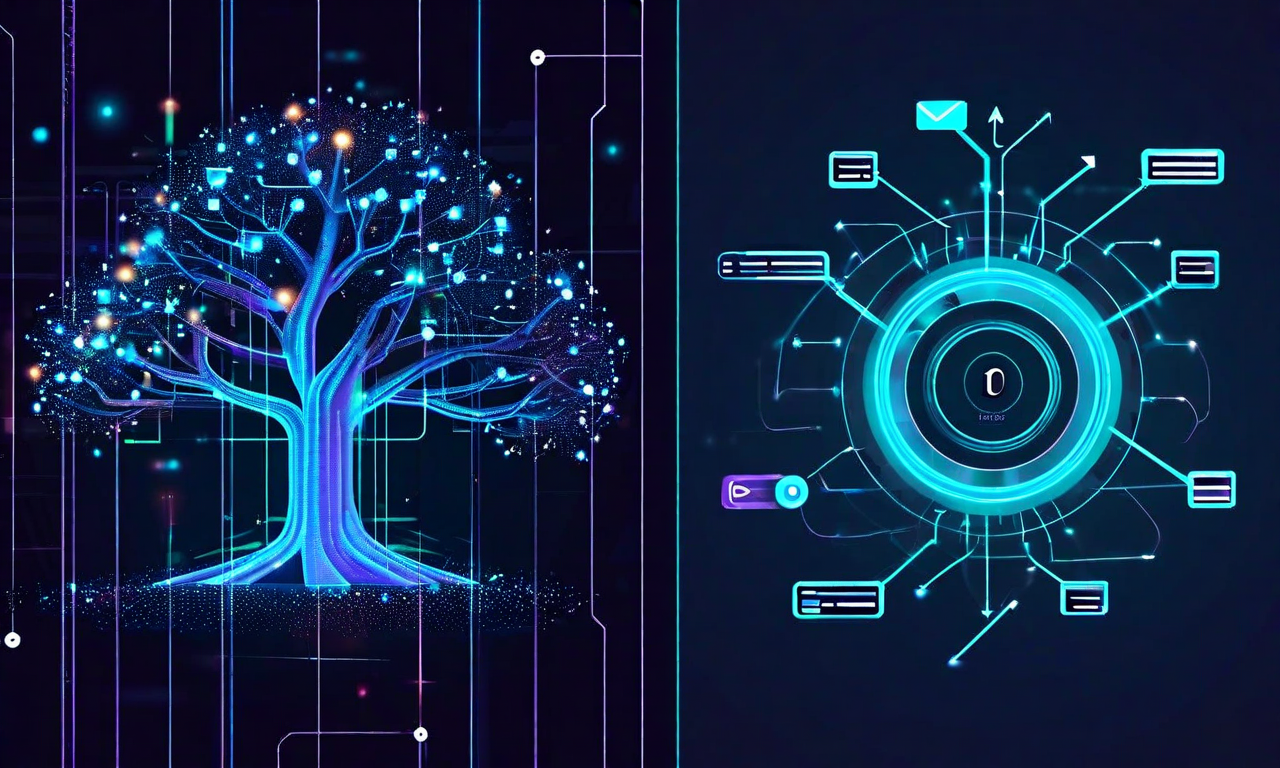Split-screen technical illustration comparing epoll and io_uring Linux I/O architectures, showing traditional event-driven network structure versus modern ring buffer design with flowing data paths