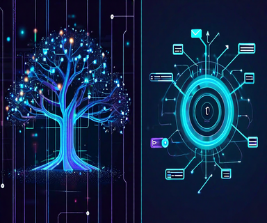 Split-screen technical illustration comparing epoll and io_uring Linux I/O architectures, showing traditional event-driven network structure versus modern ring buffer design with flowing data paths