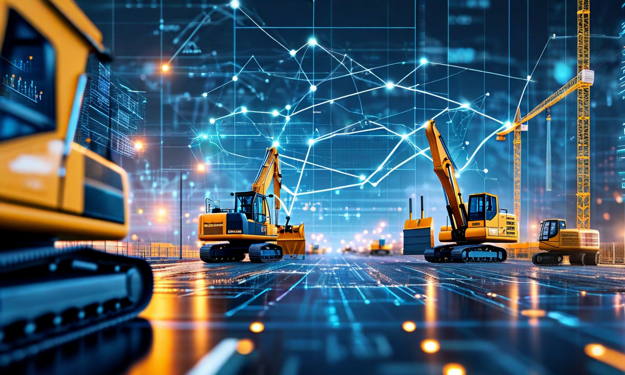 建設機械レンタル市場のデジタル化を表現した画像。左側に建設現場と重機が描かれ、右側へ向かうにつれてデジタルネットワーク、データフロー、成長グラフが統合されている。マーケットプレイスから公開市場への進化を象徴する上昇軌跡が表現されている。