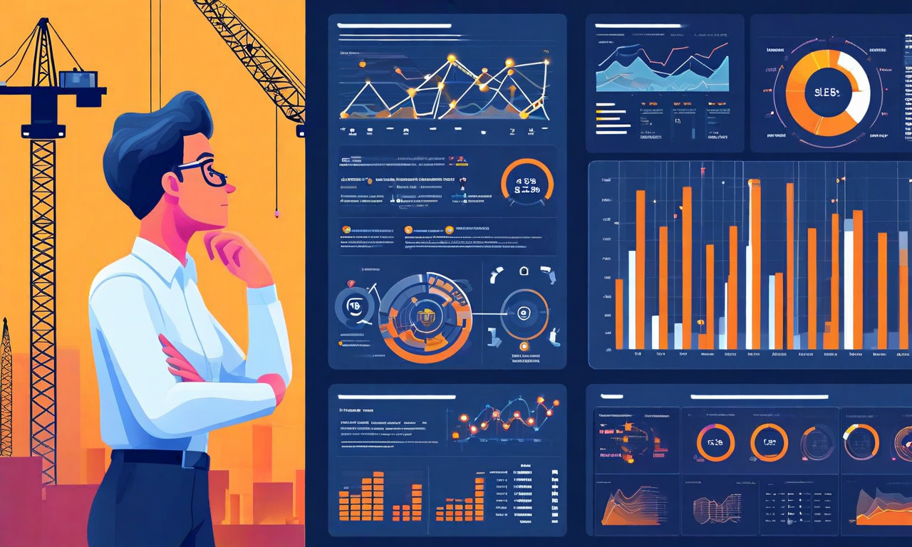 建設機械ロジスティクスのデジタル化に対する投資家心理を表現した画像。左側は懐疑的な見方を示す投資家が下降トレンドのデータを分析し、右側は肯定的な評価を示す機関投資家が上昇指標をレビューしている。中央には建設機械とデジタル技術の統合、ネットワーク接続、ブロックチェーン要素が表示されており、市場検証と機関投資家の信頼醸成プロセスを視覚化している。