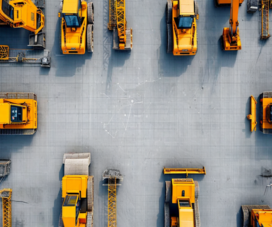 Aerial view of construction equipment transitioning from physical machinery to digital network representation, symbolizing the digitization of equipment rental marketplace