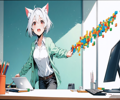 小さなマイコン基板たちが台所のテーブルの上でブロックを手渡しリレーしている様子を、驚いたネコさんが見つめているイラスト。
